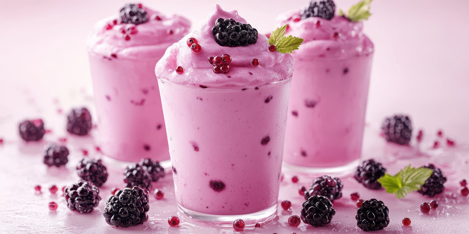 Delicious blackberry smoothie served in clear glasses topped with fresh berries and mint leaves